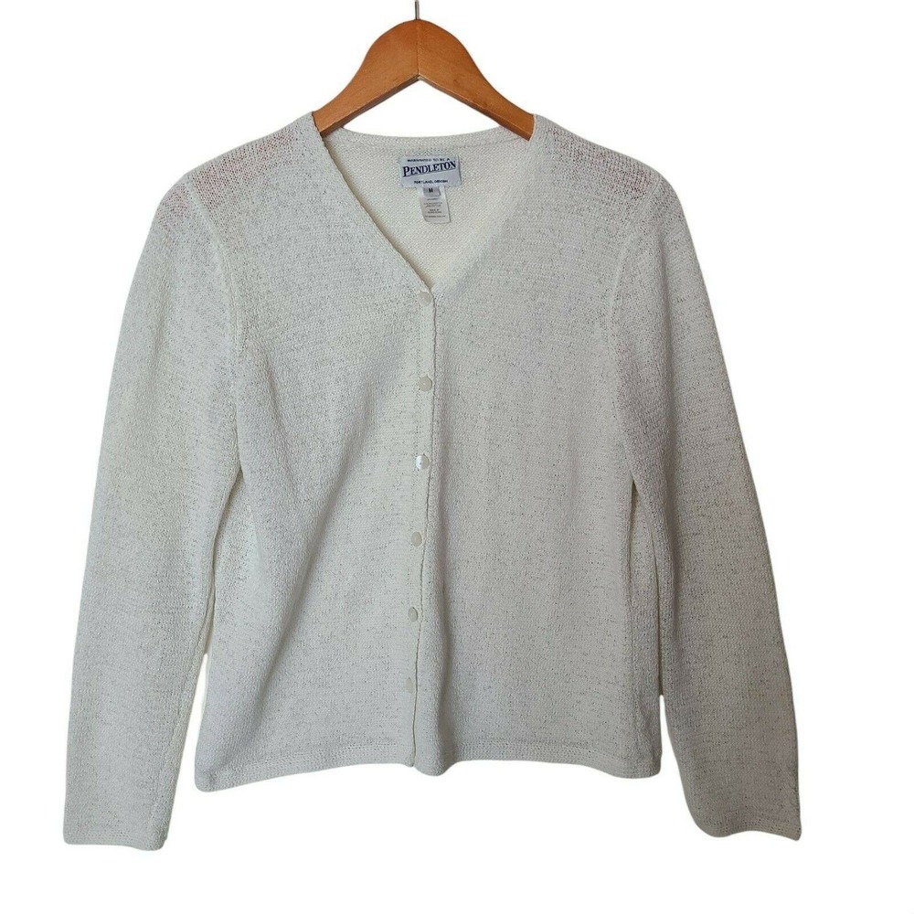 Pendleton Knit White Cotton Blend‎ Cardigan V-Neck M Medium
